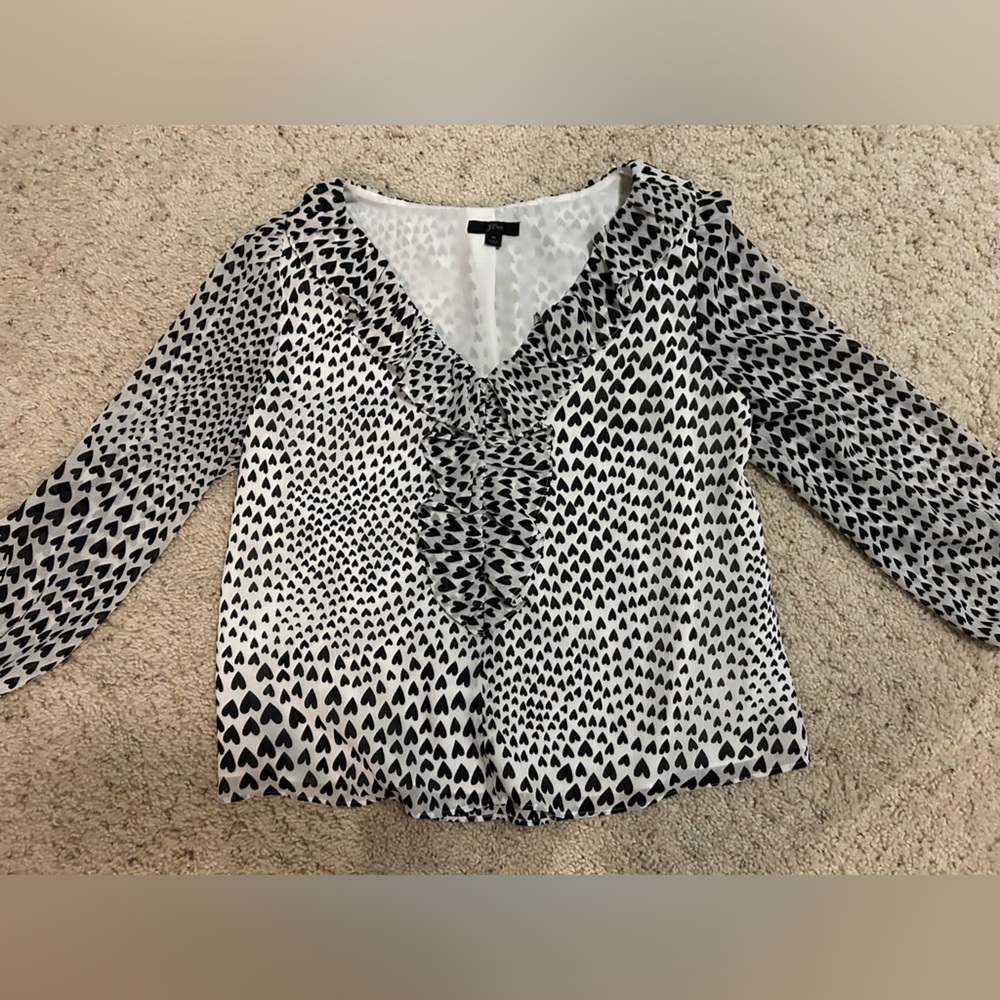 J. Crew Black and White Ruffle Heart Patterned Blouse